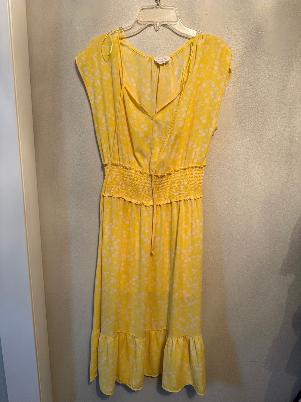 Sienna Sky Yellow Floral Smocked Waist Midi Dress with Tie Neck